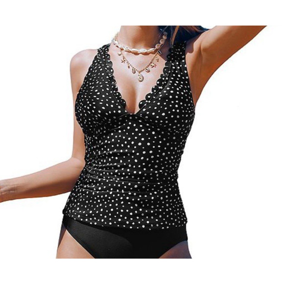 NWT Cupshe Scalloped Tankini Swim Top Size MEDIUM Blk/Wht Retro Beach Polka Dot - Picture 2 of 12